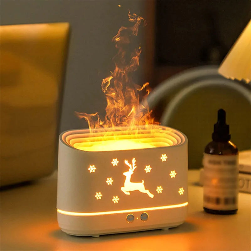 White round Elk flame effect humidifier diffuser with night light on a table.