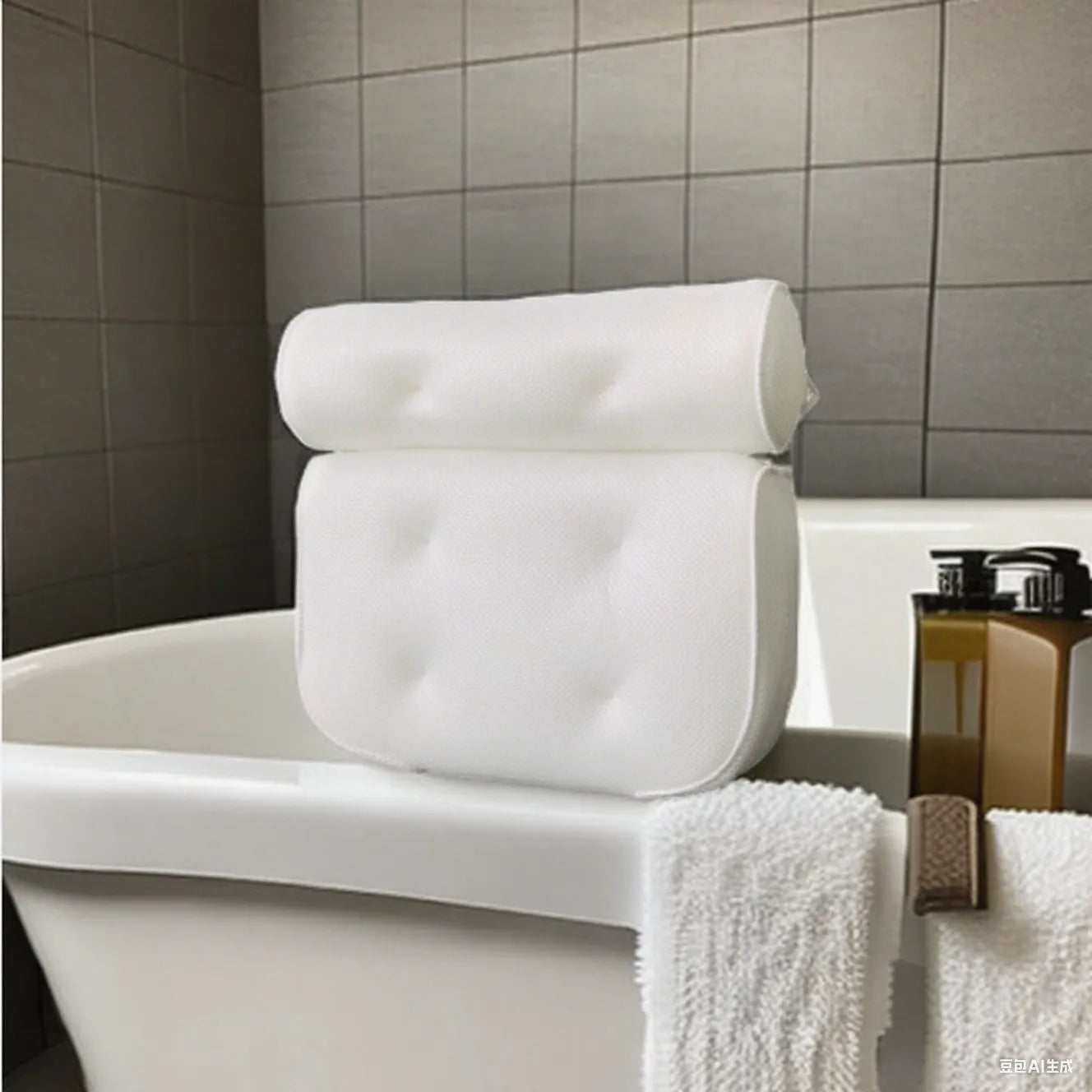 White bathtub pillow with suction cups on a 4D mesh surface.