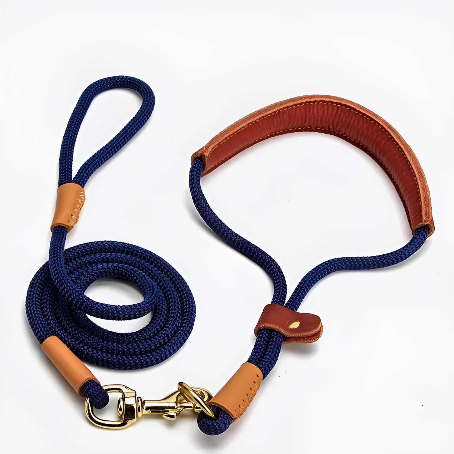 Lightweight blue nylon dog leash with metal clip on a white background.