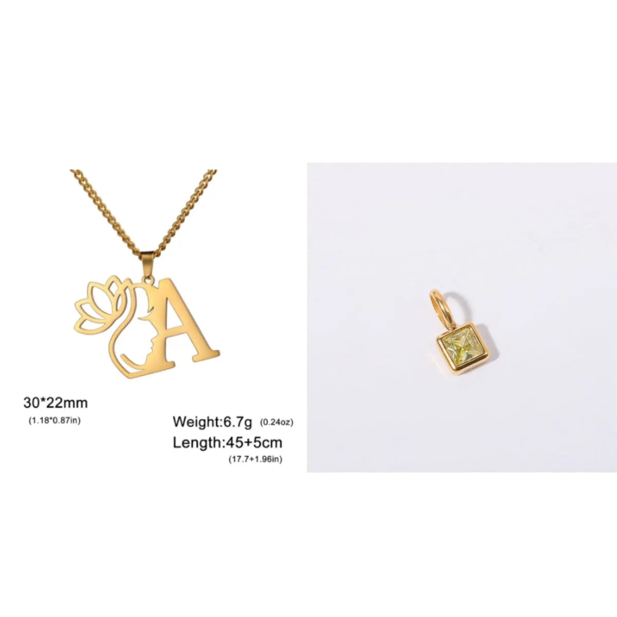 Gold electroplated stainless steel necklace with a cross chain and a letter 'A' pendant on a white background.
