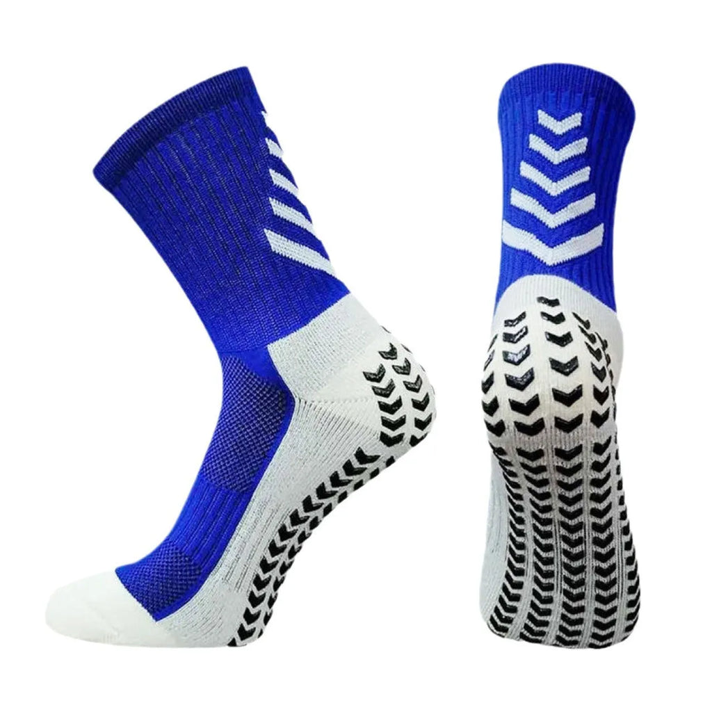 Men's colourful mid-calf athletic socks with a geometric pattern and non-slip silicone soles.