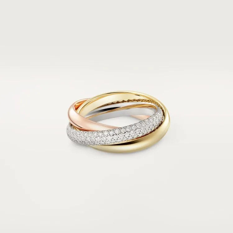 A set of sterling silver couple rings showing full diamond, half diamond, and plain band options in gold rose and silver black finishes.