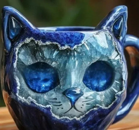 Purple geode crystal mug with a sculpted cat inside, a resin craft ornament.