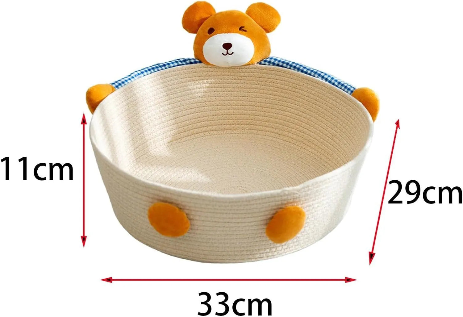 Woven cotton rope cat bed basket with scratching pad, featuring a bear design.