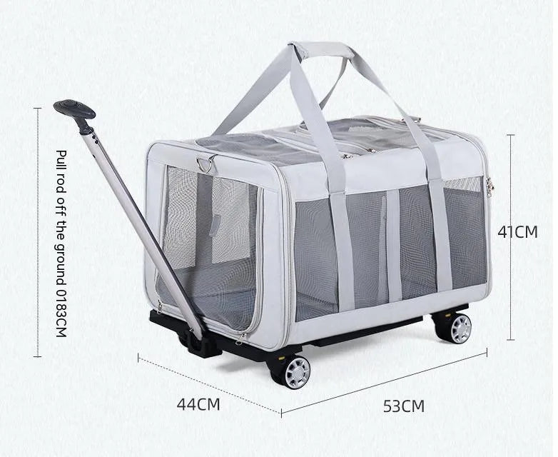 Large beige polyester wheeled pet trolley bag with cat inside, size 44x53x33cm