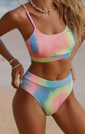 Women's tie-dye pleated split bikini in blue and orange gradient pattern
