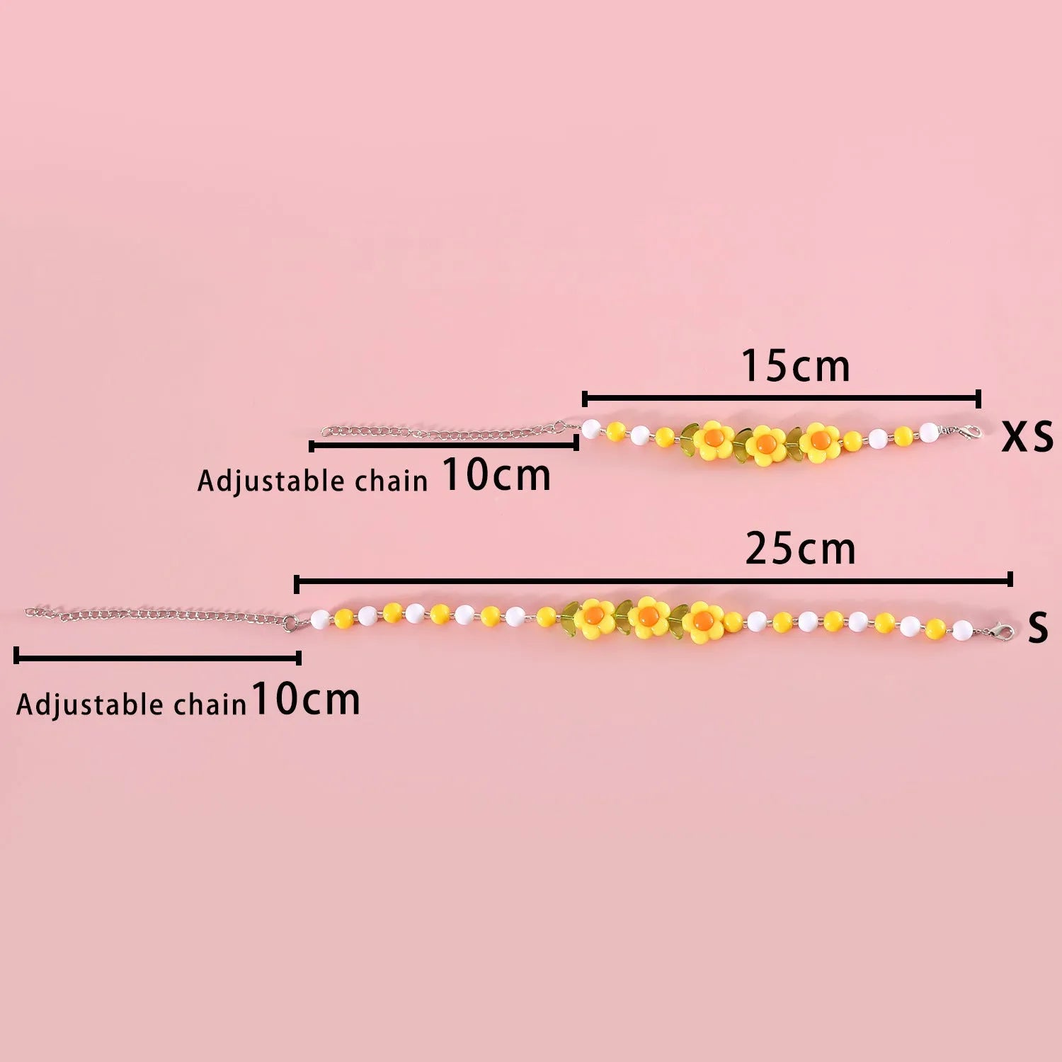Colourful plastic bead pet necklace for cats in peach, rainbow, or small flower patterns on a white background.