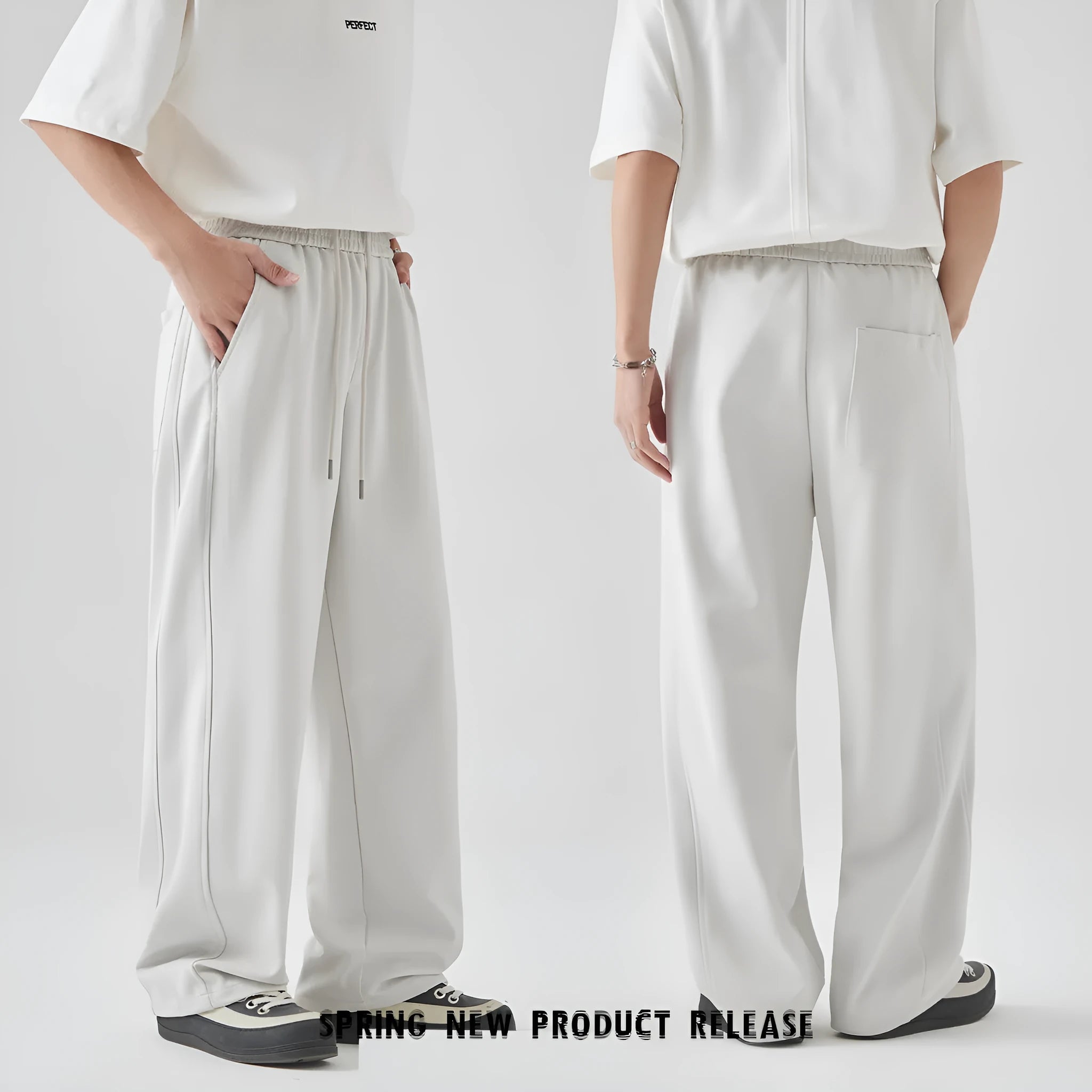 Men's grey cotton blend trousers with lace-up front and straight-leg fit