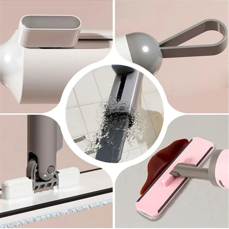 Pink self-squeezing rotatable mini flat mop with microfiber pad on a hardwood floor.
