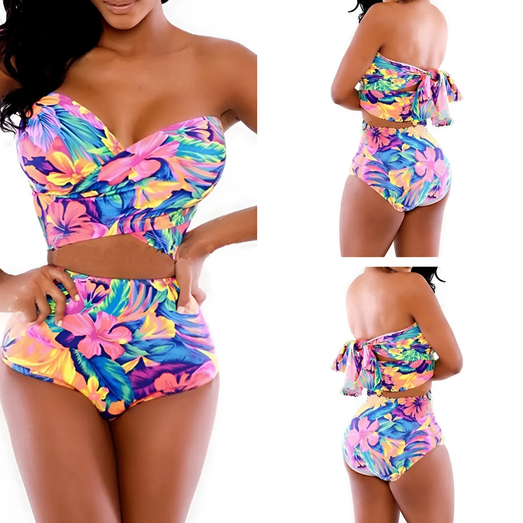 Red printed two-piece swimsuit for women with a chest wrap top and matching bottoms.