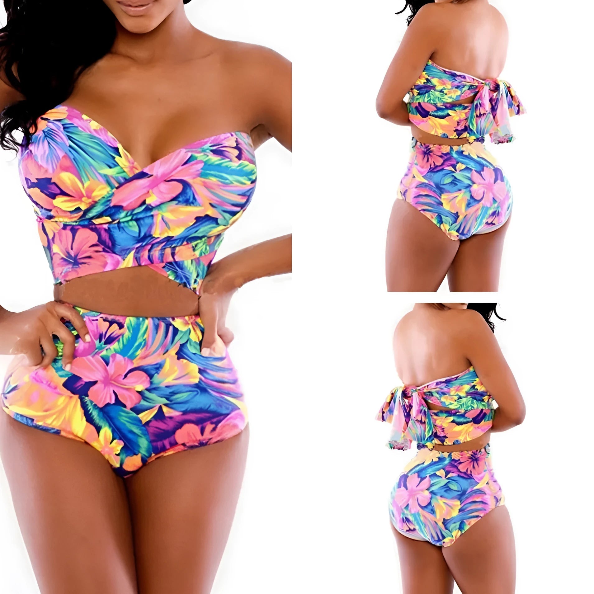 Red printed two-piece swimsuit for women with a chest wrap top and matching bottoms.