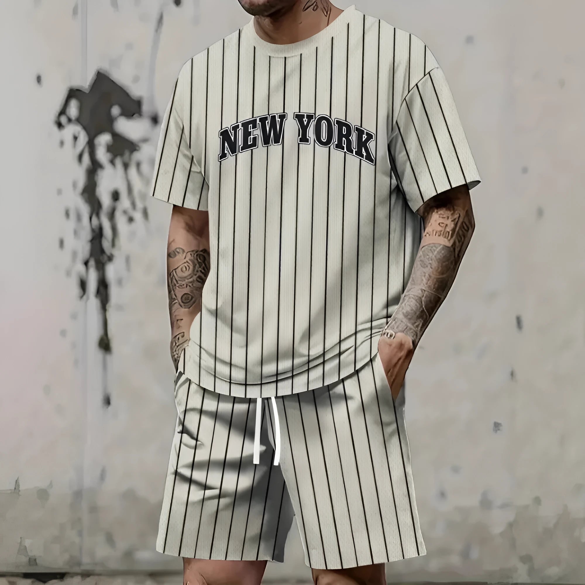 Men's grey 3D printed letter short sleeve top and matching shorts casual sportswear set