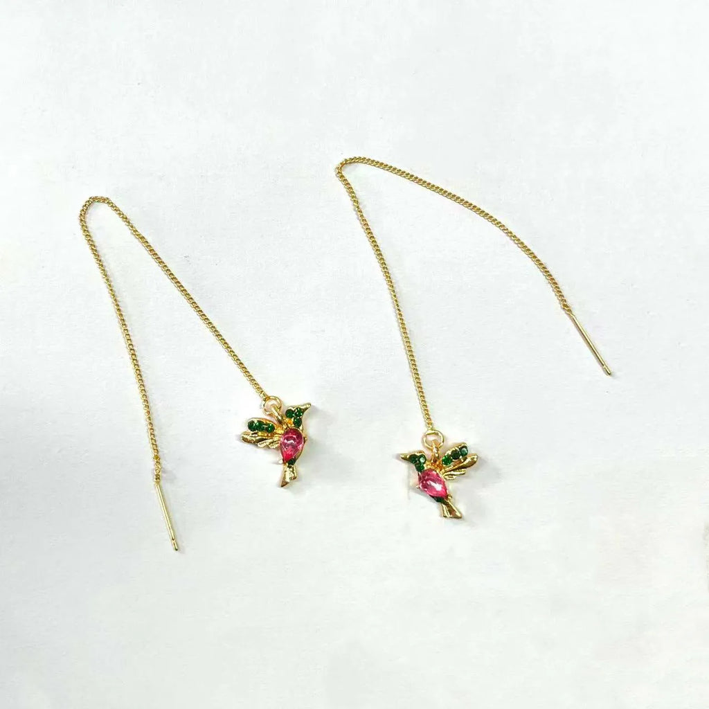Women's long style bird hanging earrings with mixed zirconium wings in red, blue, and red lvzuan colours