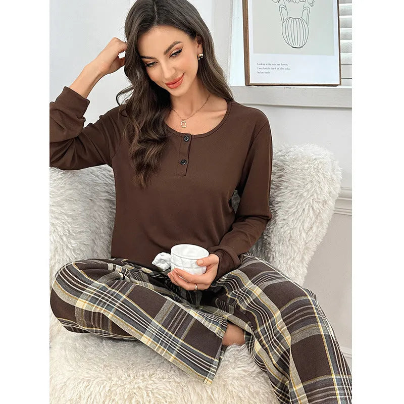 Women's plaid button pullover top and matching pants set in milk silk fabric, brown colour