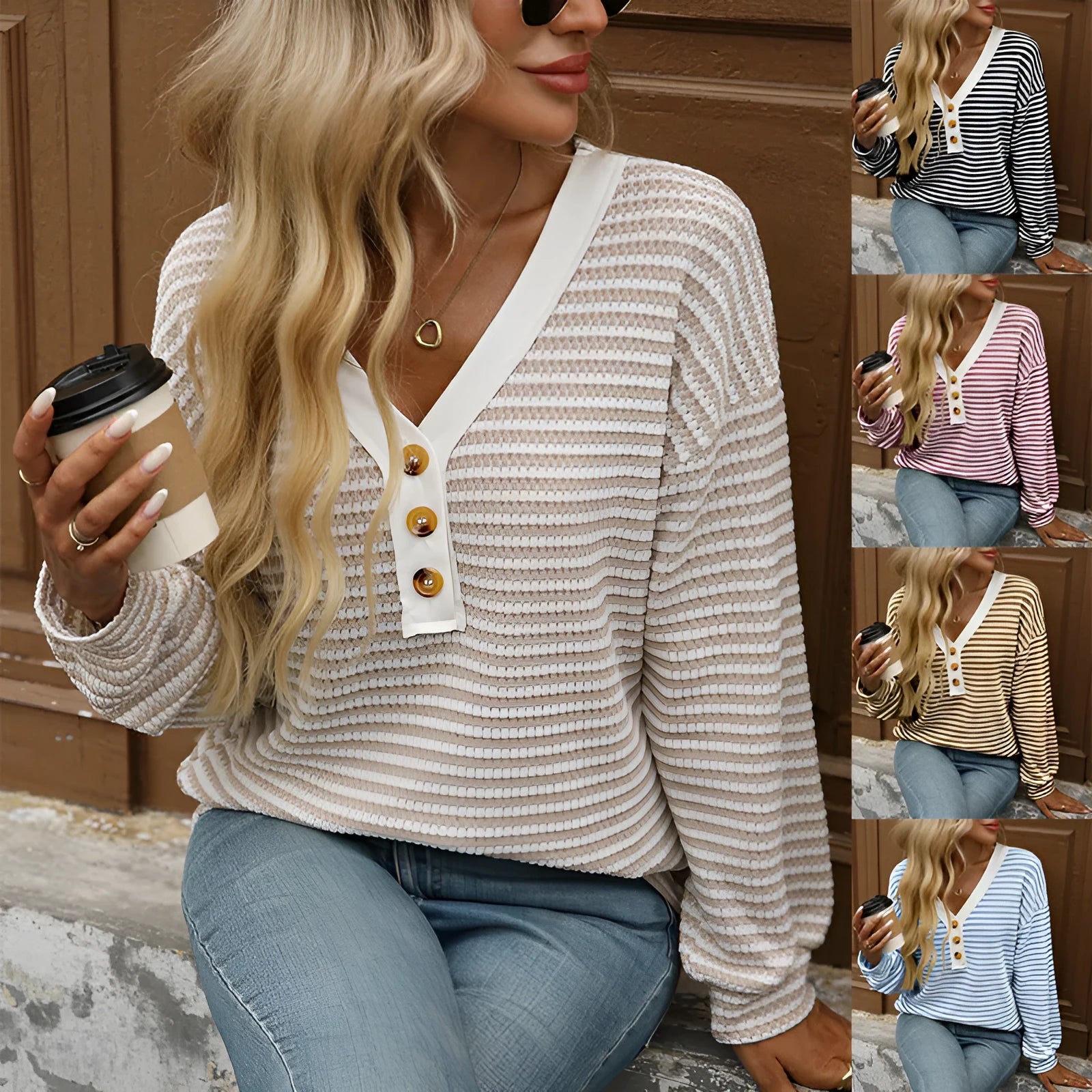 Women's loose-fit patchwork V-neck pullover top in a choice of colours.