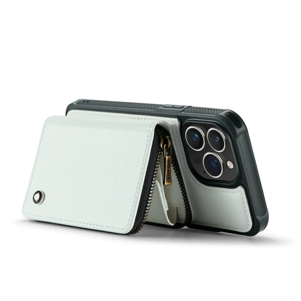 Wallet phone case with card holder for iPhone in black, showing bracket stand and card slots