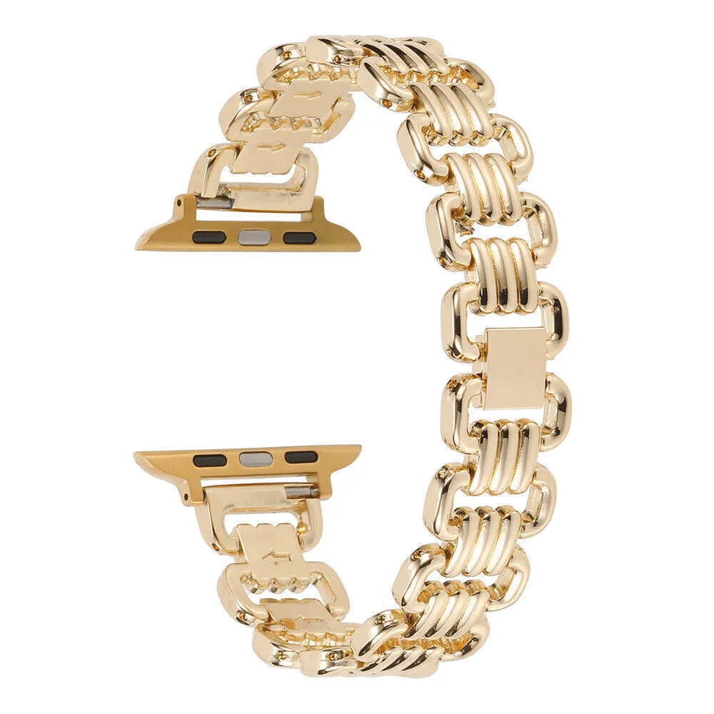 Silver alloy metal bracelet strap for Apple Watch on a grey background.