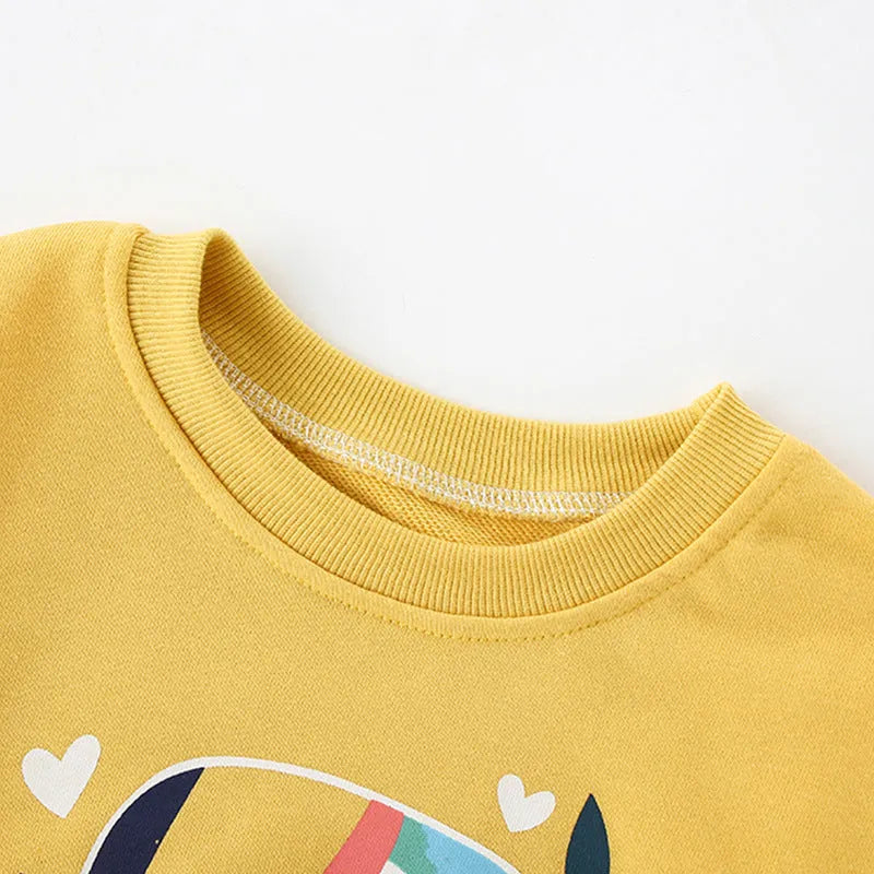 Girls cartoon animal print cotton sweater round neck long sleeve yellow pink