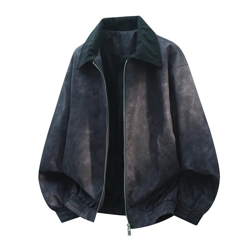 Men's casual black jacket with a detailed stitching lapel, side seam pockets, and a straight hem.