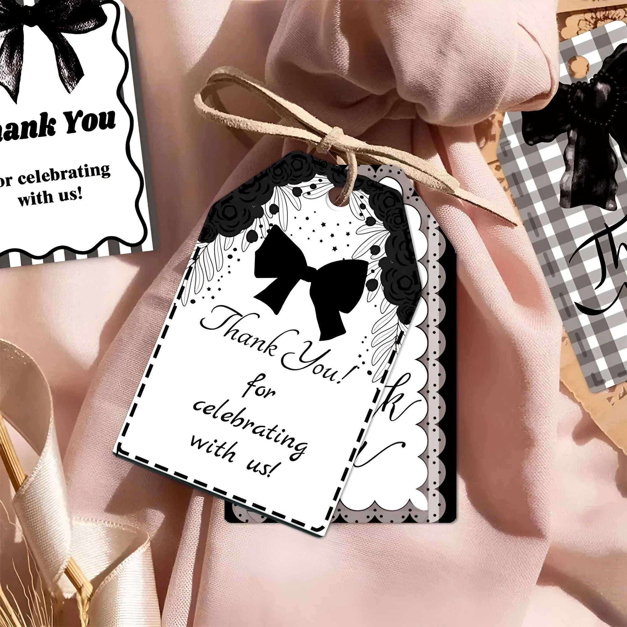 Set of 60 birthday gift tags with bowknot designs and natural hemp rope in three style variations