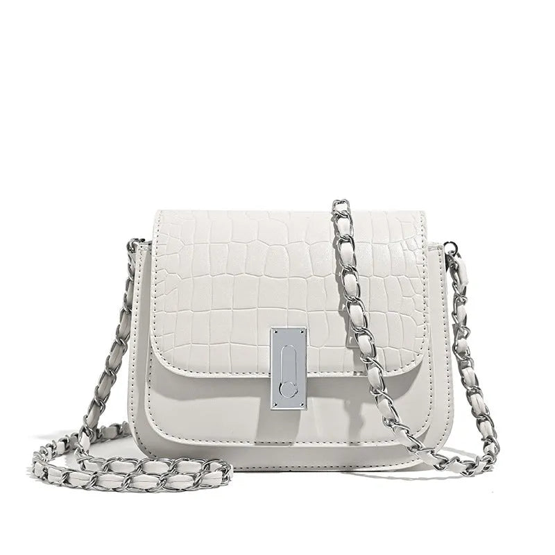 Green soft square women's cross-body shoulder bag with chain strap and external pockets.