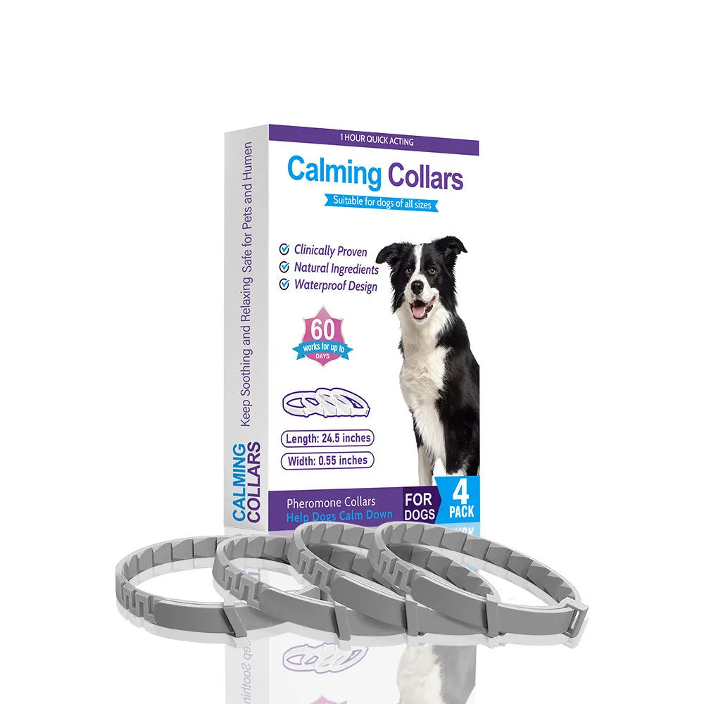 A pack of four solid-colour dog anxiety relief collars made from black, blue, grey, and pink TPR, each measuring 62cm.