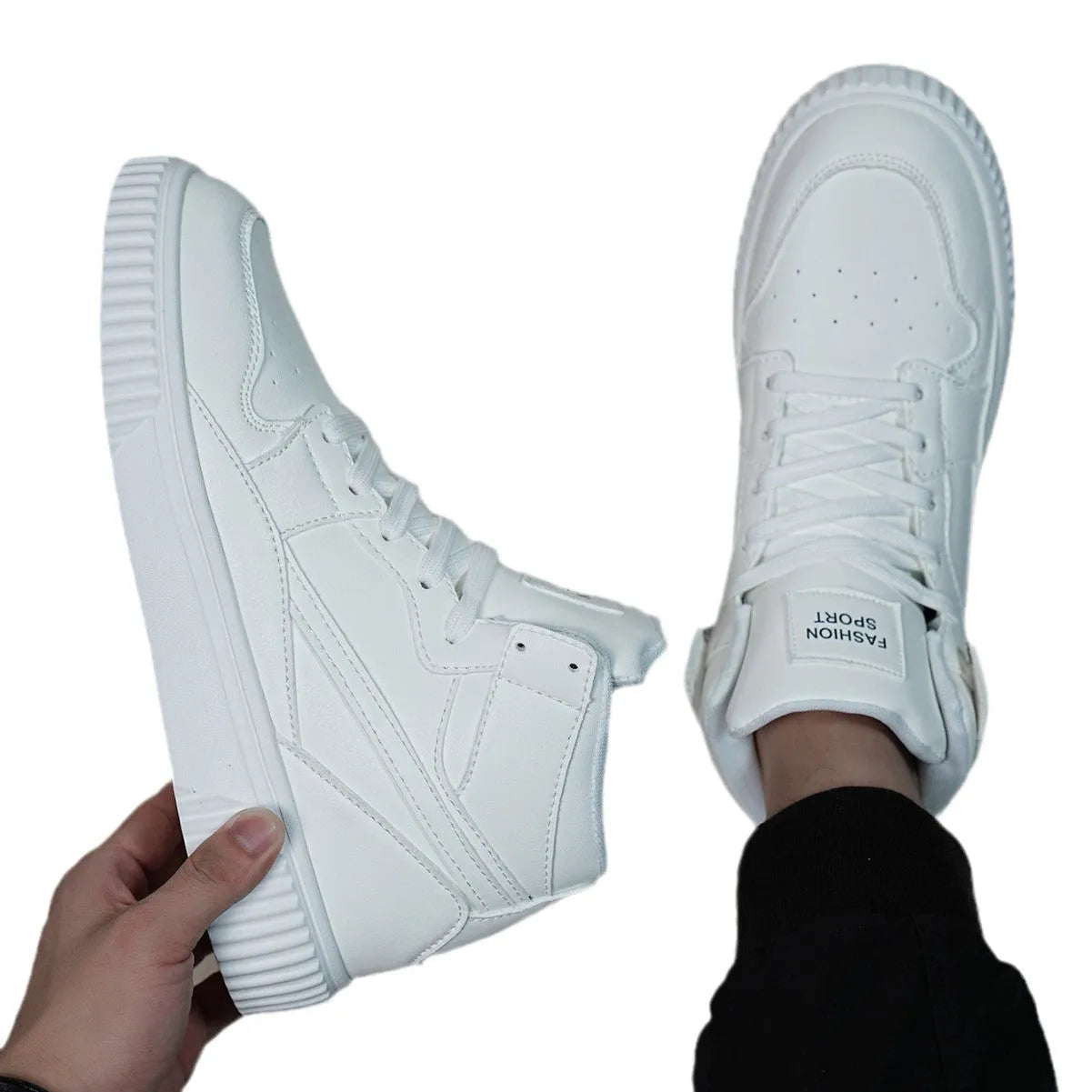 Solid white men's casual round-toe shoes made from microfiber, shown on a plain background.