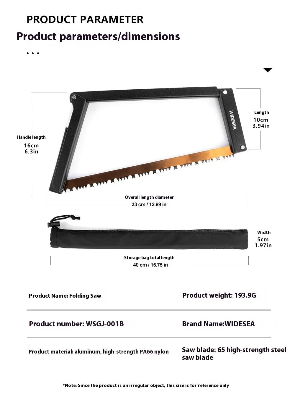 Black outdoor foldable saw with a PA66 nylon handle shown in both open and closed positions.