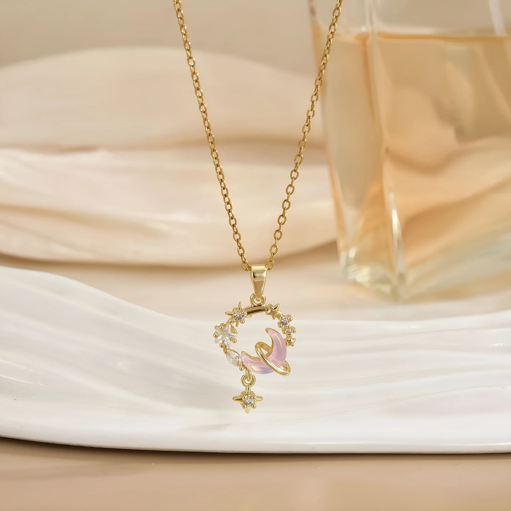 Gold electroplated copper necklace with micro-inlaid zirconium moon pendant on O-ring chain