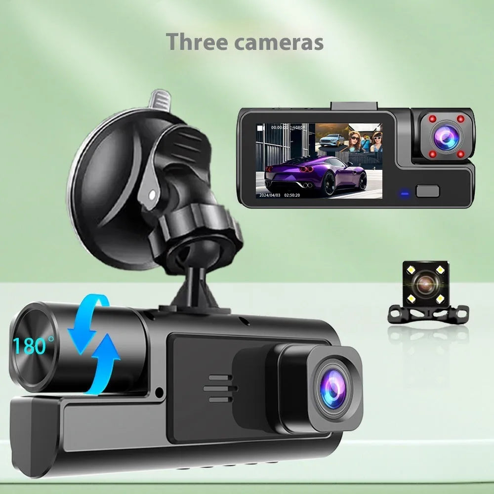 Black car dash cam with 2-inch screen mounted on windscreen, showing live reversing camera feed.