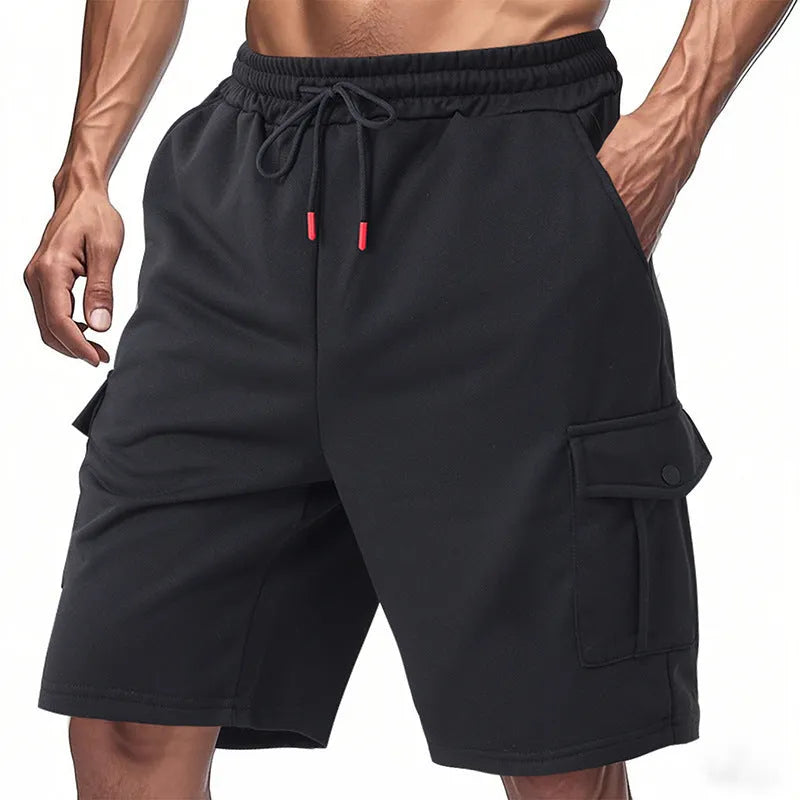 Men's loose fit cargo shorts in light grey with multiple pockets and terry fabric texture