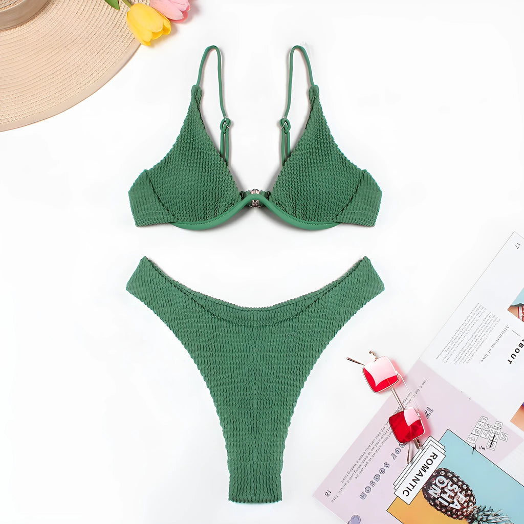 Women's green bikini swimsuit with ruffle trim top and split skirt bottom