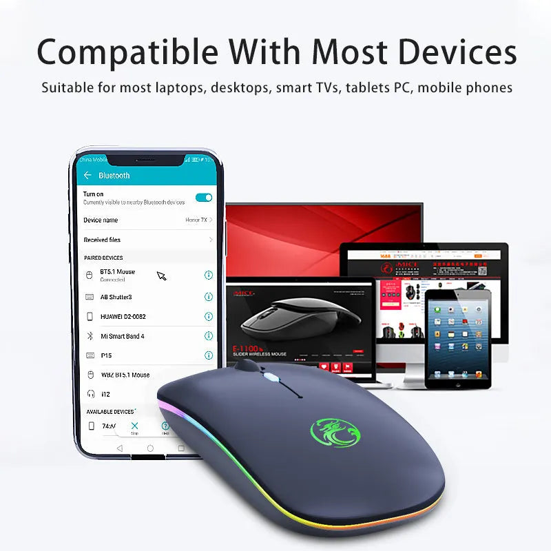 Black and white dual-mode silent wireless mouse with blue scroll wheel light, shown next to its USB charging cable.