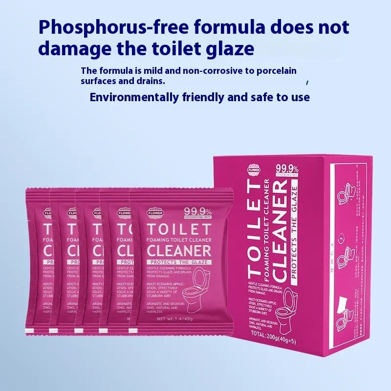 Toilet bubble cleaning powder package in blue or pink fragrance variant, showing 240g bag or box of 5 sachets.