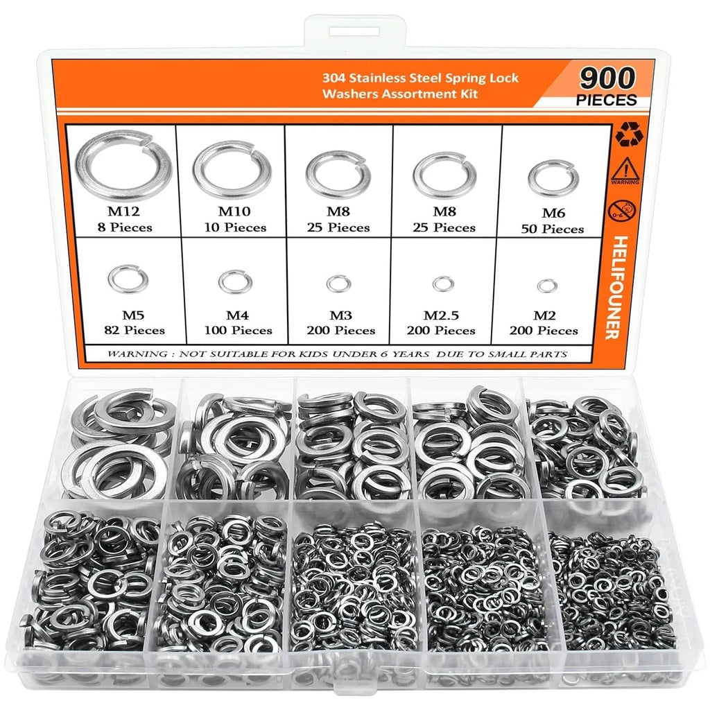 Open box showing assorted 304 stainless steel spring lock washers and a gasket tool.