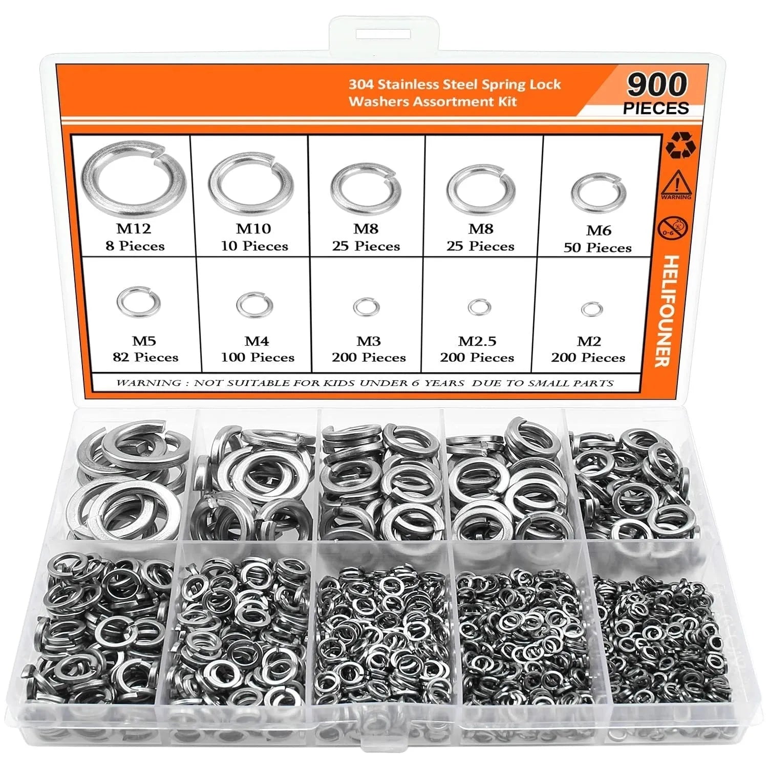 Open box showing assorted 304 stainless steel spring lock washers and a gasket tool.