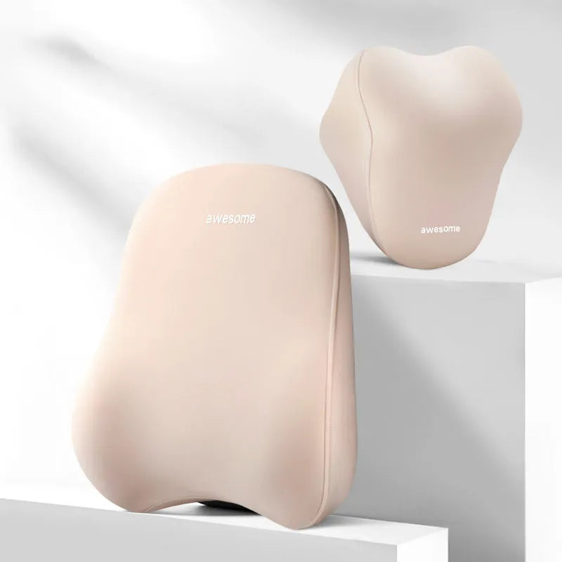Automotive memory foam headrest and lumbar support pillows in black, gray, and beige colour options