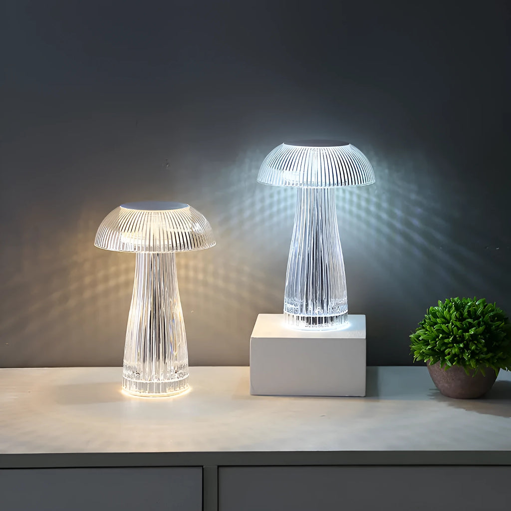 Creative crystal acrylic jellyfish table lamp with touch control and colour options on a desk