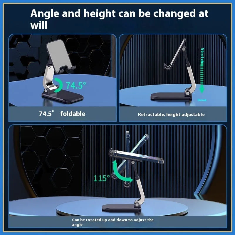 Foldable mobile desktop stand in black, showing smartphone placed on its universal bracket.