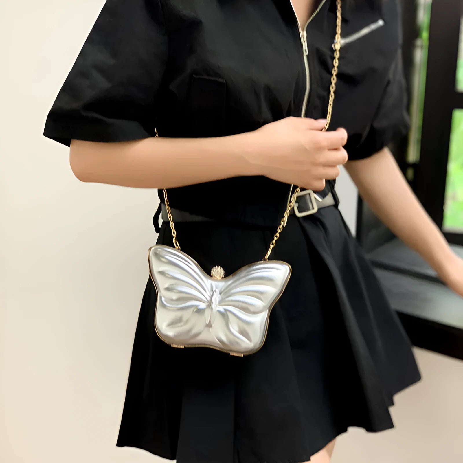 Women's cute butterfly chain crossbody bag in PU leather with sandwich pocket, available in black, purple, silver