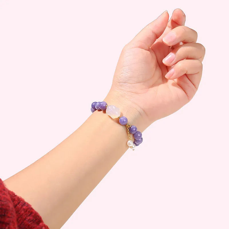 Purple aquamarine agate rabbit bracelet with geometric bead design and round elements