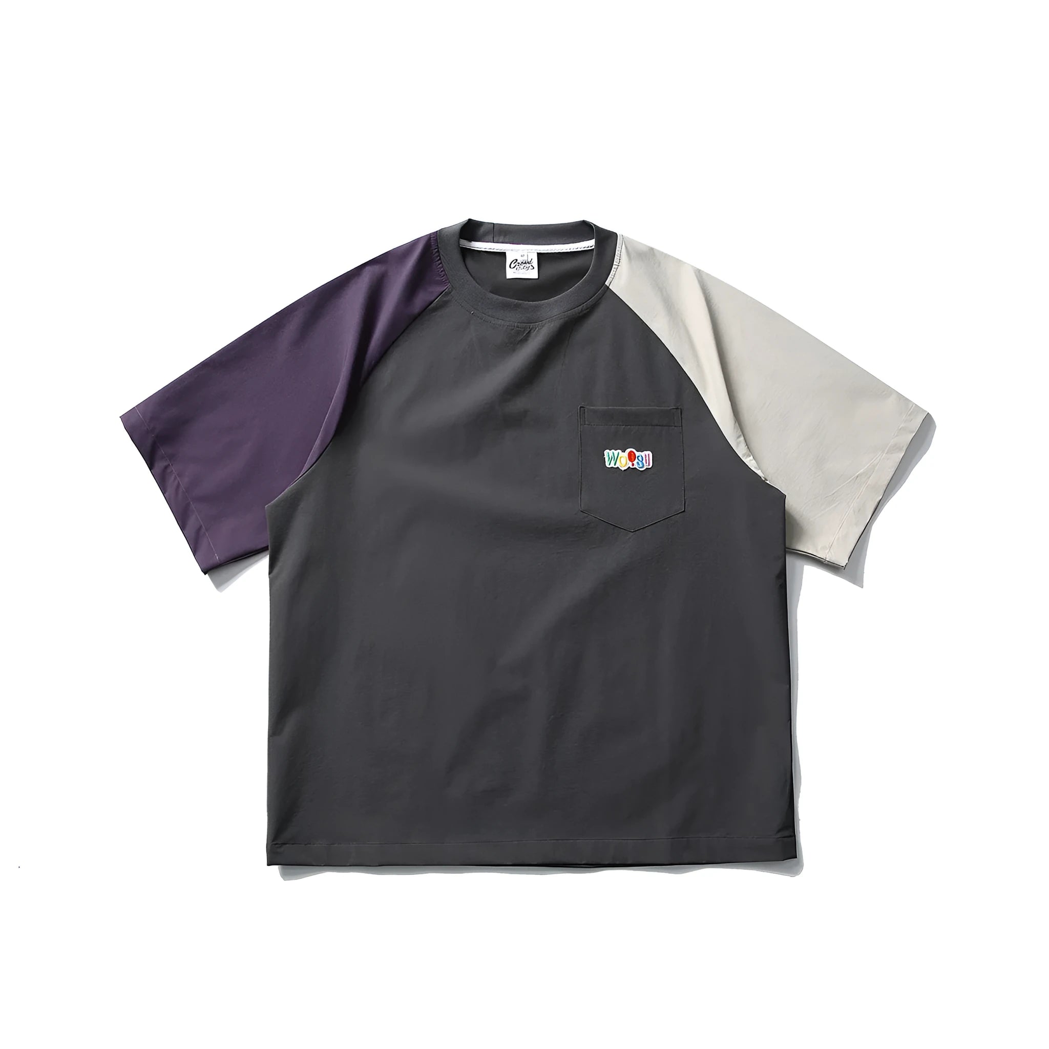Dark grey men's loose-fit T-shirt with contrast raglan sleeves on a hanger.