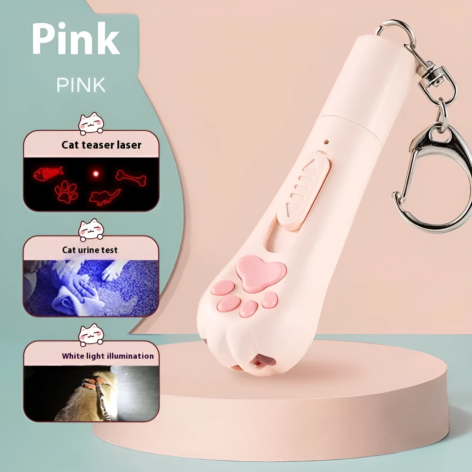 Pink USB-rechargeable cat toy base with a long white feather rotating on a wand, placed on a wooden floor.