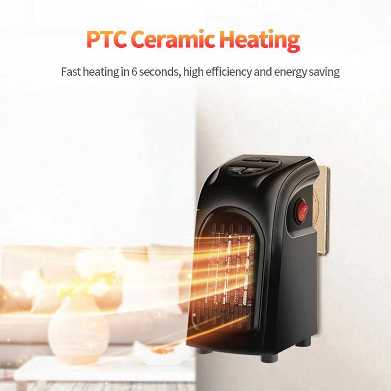 Small black ceramic fan heater on a table showing control buttons and compact size.