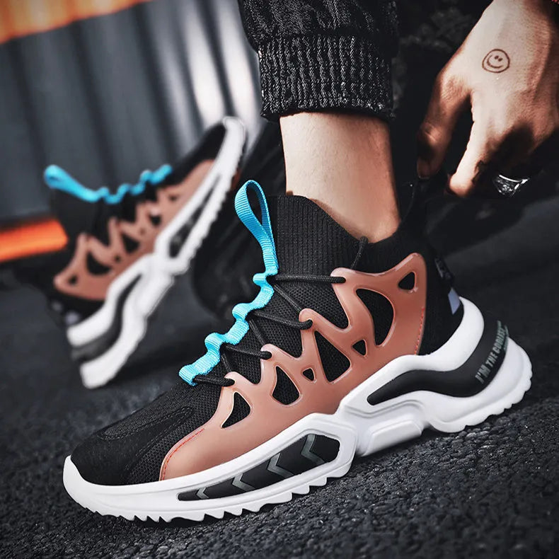 Men's black mesh athletic running shoes with thick EVA sole and lace-up closure