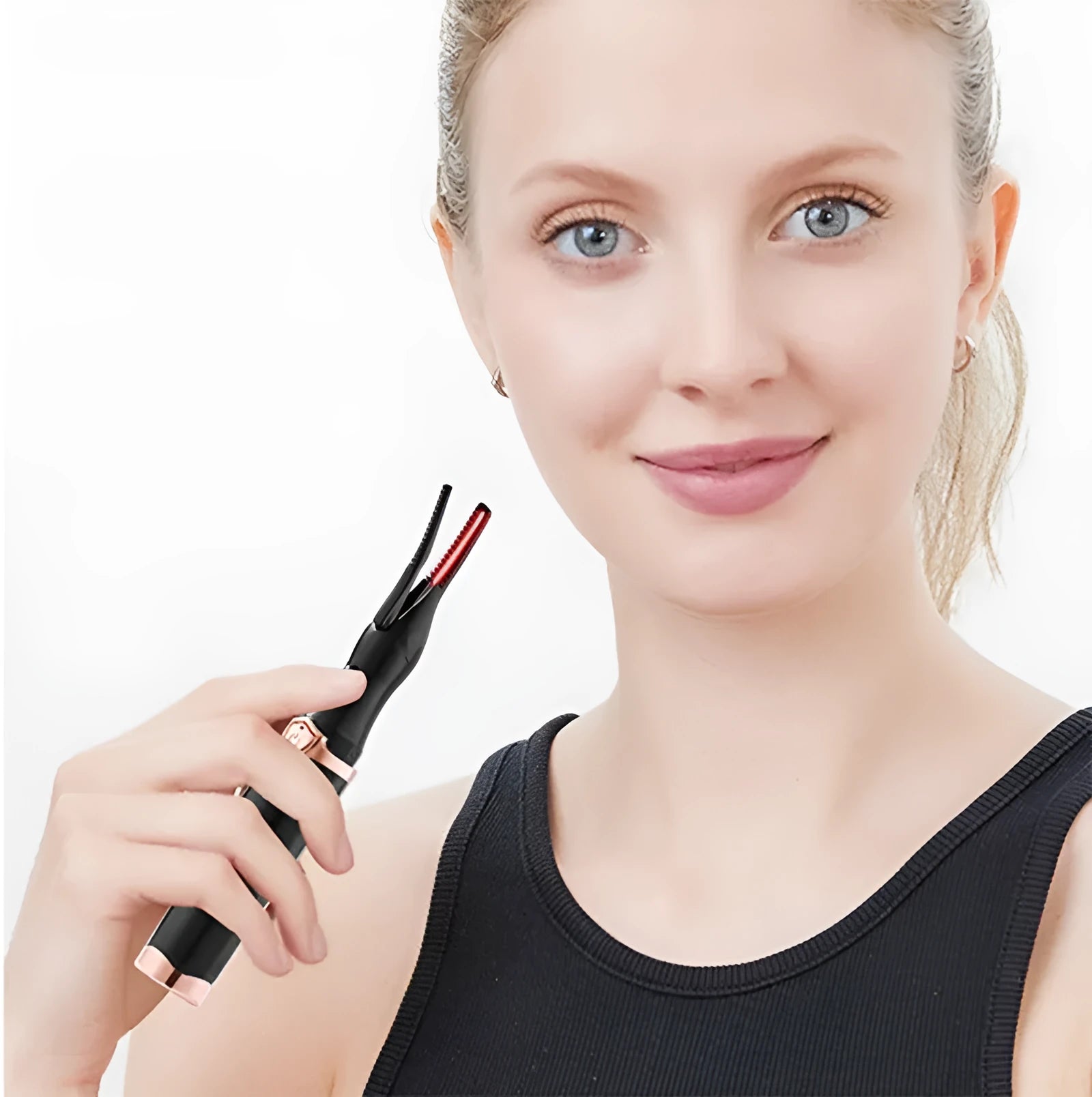 Rechargeable electric heated eyelash curler with 360 rotating comb in black
