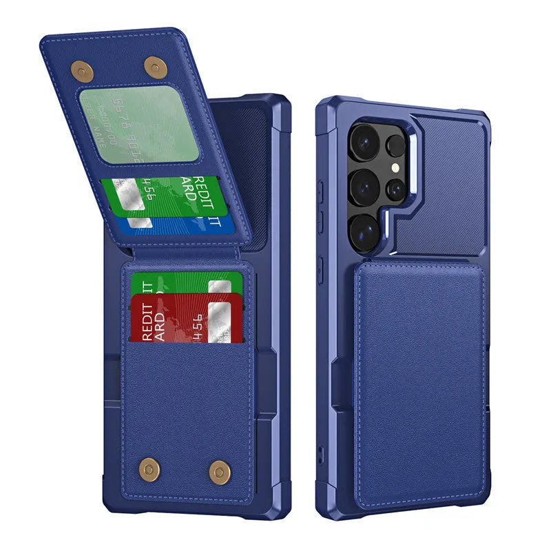Samsung black PU TPU phone case with card slot and bracket on full cover drop-resistant design
