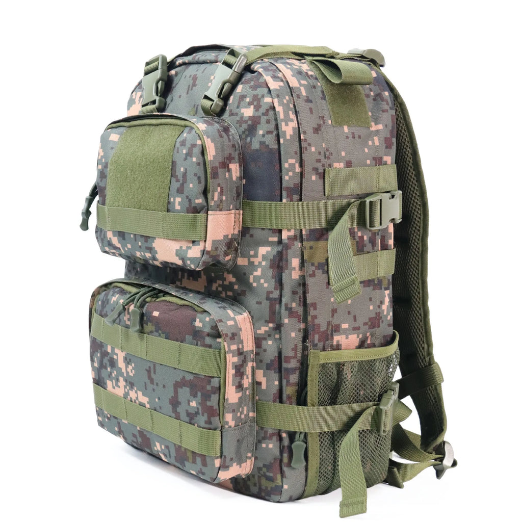 Green camouflage waterproof outdoor rucksack with black straps, shown from a side angle.