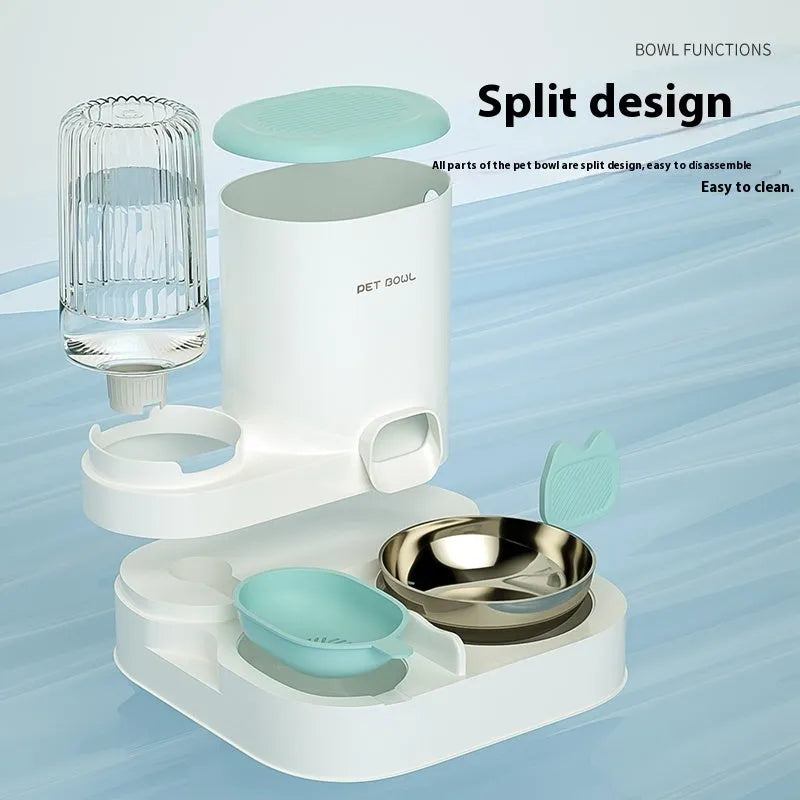 Automatic cat feeding and water fountain station with integrated double bowl in avocado green