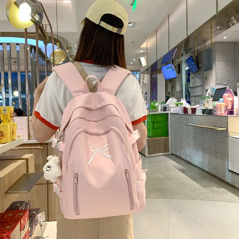 Nylon bow backpack large capacity 36-55L solid colour college style ultra light for women black blue pink white yellow